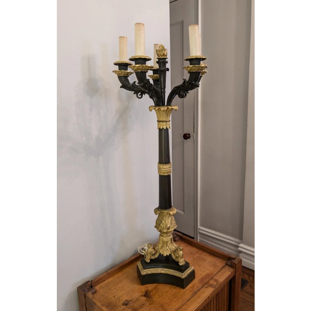 French Empire Bronze Dore Candelabrum Featuring a Gilt Flame Finial; Possibly Thornier For Sale - Image 9 of 9