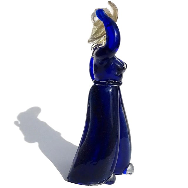 Murano Barbini Vamsa 1930s Blue Gold Flecks Woman With Sun Hat Italian Art Glass Figure Sculpture For Sale In Orlando - Image 6 of 9