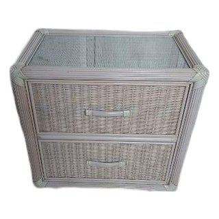 Henry Link Style Vintage Nightstand Wicker Rattan 2 Drawer Beige Glass Top For Sale