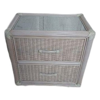 Henry Link Style Vintage Nightstand Wicker Rattan 2 Drawer Beige Glass Top For Sale