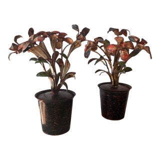 Pair 1940s Italian Tole Metal Painted Flower Pots For Sale