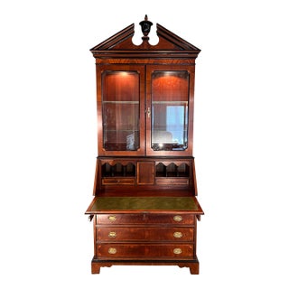 Vintage Hepplewhite Style Inlayed Mahogany & Ebony Mahogany Secretary Bookcase For Sale