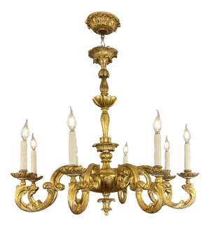 18th C Style Italian Gilt Wood 8 Light Chandelier by Randy Esada for Prospr