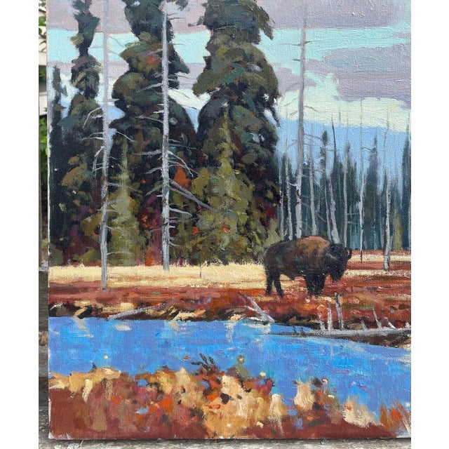 1970s Original John Loughlin 'bison in Yellowstone Park Landscape Oil Painting For Sale - Image 5 of 10