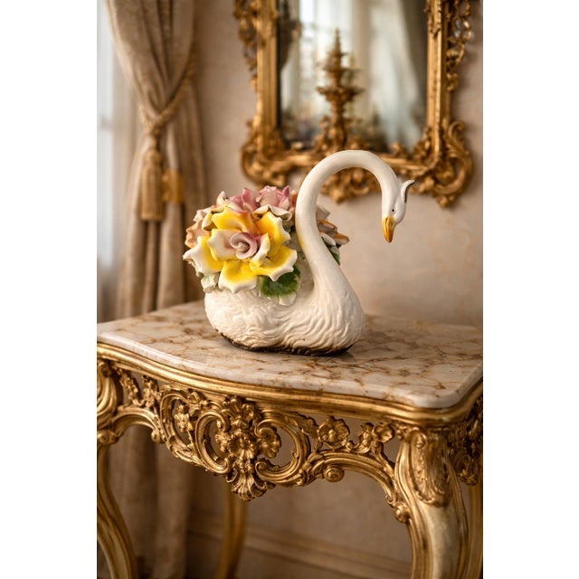 Vintage Italian Capodimonte Porcelain Swan Centerpiece With Sculpted Rose Bouquet For Sale - Image 12 of 12