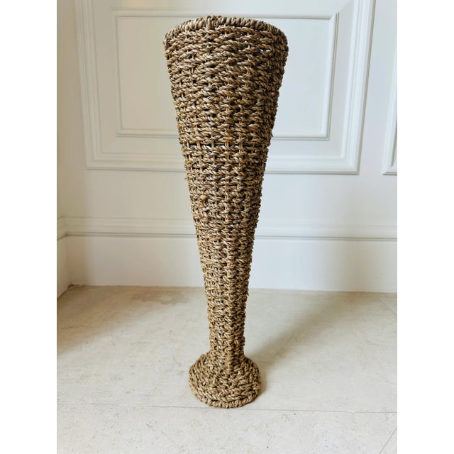 Tan Vintage 19.5” Woven Braided Natural Rattan & Seagrass Vase For Sale - Image 8 of 14