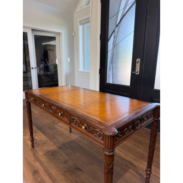 1980s Maitland-Smith Carved Mahogany Leather Top Writing Desk For Sale - Image 11 of 16