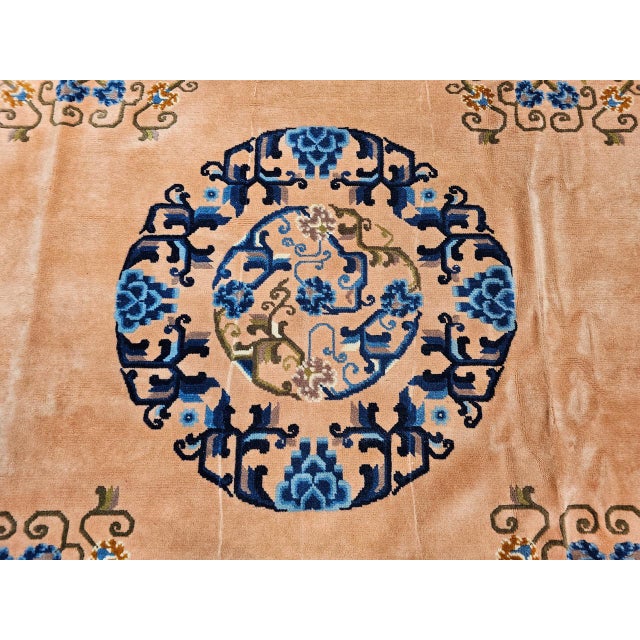 Early 20th Century Art Deco Chinese Rug, Handwoven Wool Pile, Apricot & Navy, Lotus Motif, 8' x 11' For Sale - Image 18 of 18