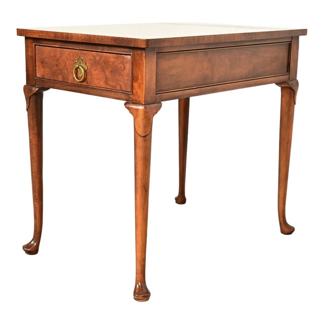 Baker Furniture Queen Anne Walnut and Burl Wood Tea Table For Sale