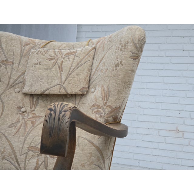 Vintage Danish Lounge Chair in Furniture Fabric and Carved Oak, 1950s For Sale - Image 9 of 18