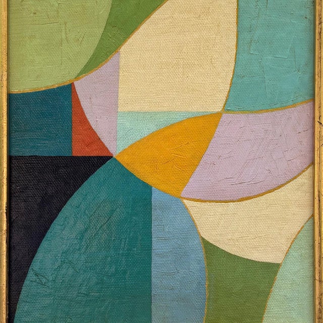 Mid-Century Modern Mid-Century Modern Inspired Abstract Oil Painting in Vintage Blue Frame For Sale - Image 3 of 6