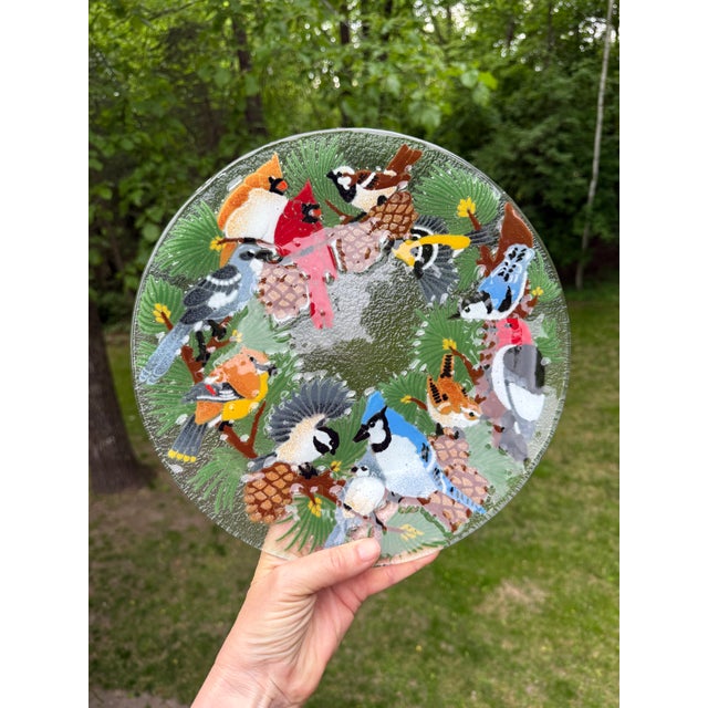 Red 1990s Peggy Karr Festive Birds Signed Fused Art Glass Platter For Sale - Image 8 of 8