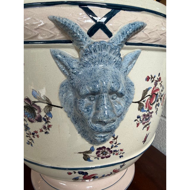 Vintage Chinoiserie Ceramic Cachepot Planter With Relief Ram Head Handles For Sale - Image 4 of 7