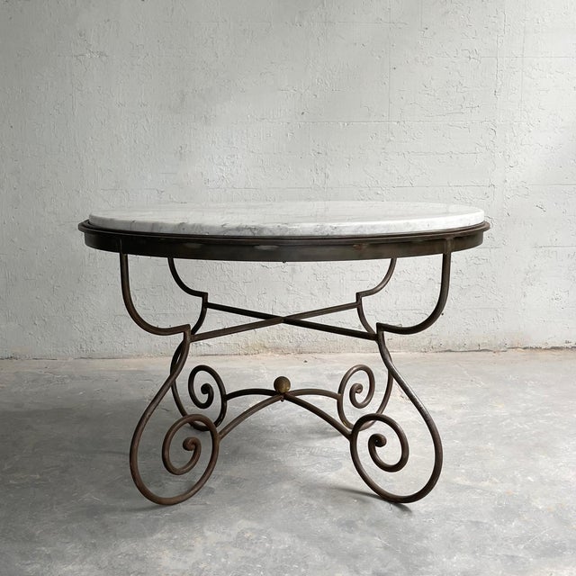 Hollywood Regency Scrolled Steel and Marble Round Dining Table For Sale - Image 4 of 11