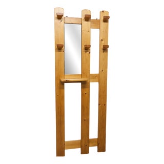 Vintage Wall-Mounted Coat Rack in Pine with Mirror, 1970 For Sale