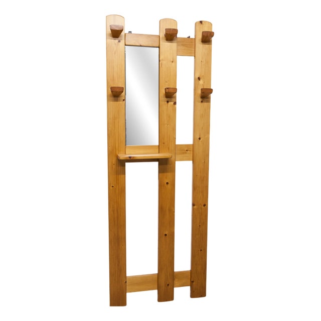 Vintage Wall-Mounted Coat Rack in Pine with Mirror, 1970 For Sale