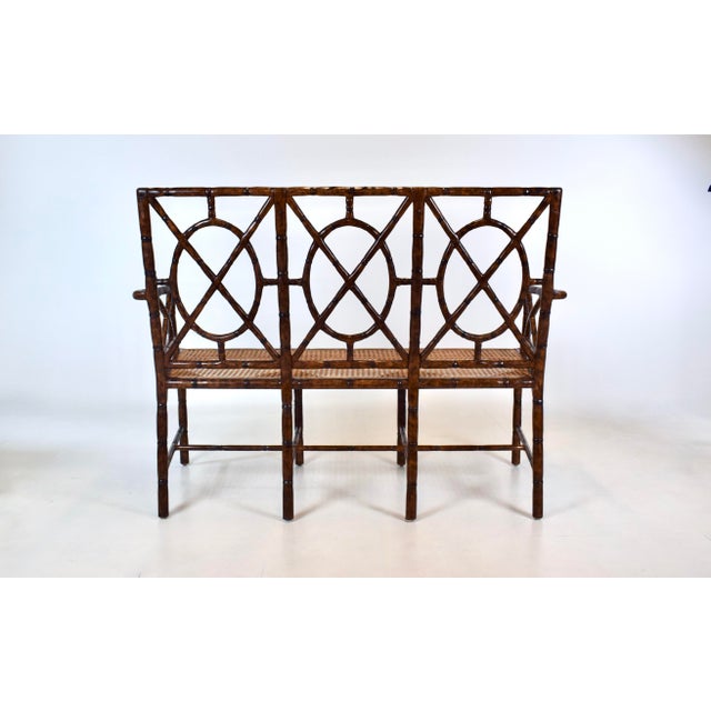 Tortoise Faux Bamboo Caned Settee With Leather Cushion For Sale - Image 9 of 15