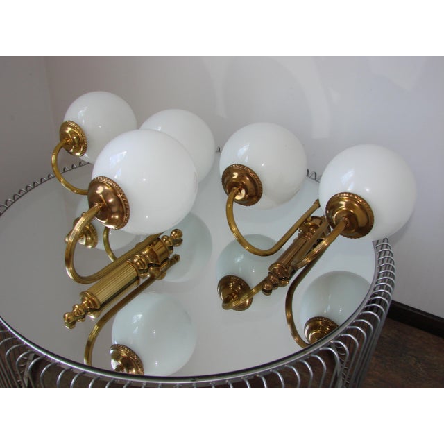 Baroque Vintage Brass Wall Lights with Frosted Glass Globes, 1960s, Set of 3 For Sale - Image 3 of 7