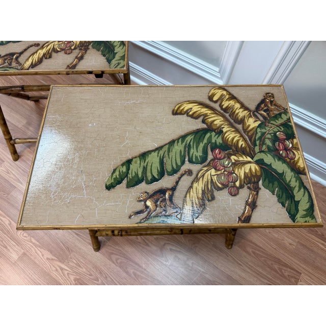 Late 20th Century Vintage Chic Bamboo Folding Tray Tables With Painted Monkey Motif - Pair For Sale - Image 5 of 8
