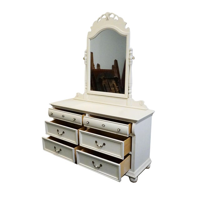 Wood Lexington Furniture Off White Painted Traditional Victorian Style 56" Double Dresser W. Swivel Mirror 509-222 / 509-207 For Sale - Image 7 of 14