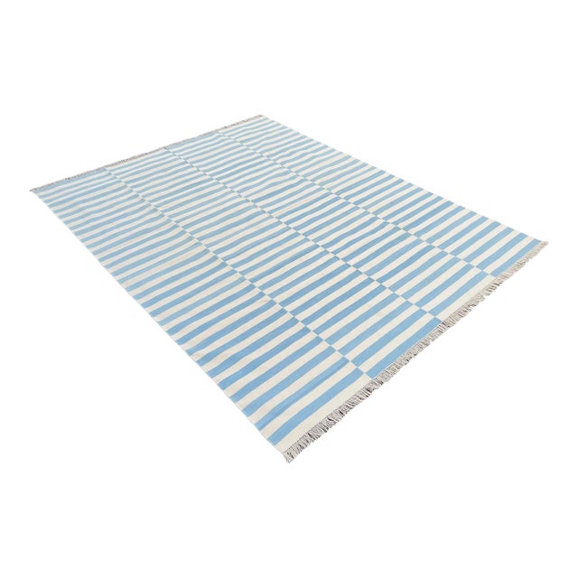 Handmade Reversible Cotton Vegetable Dyed Blue and White Striped Rug-10'x14' For Sale