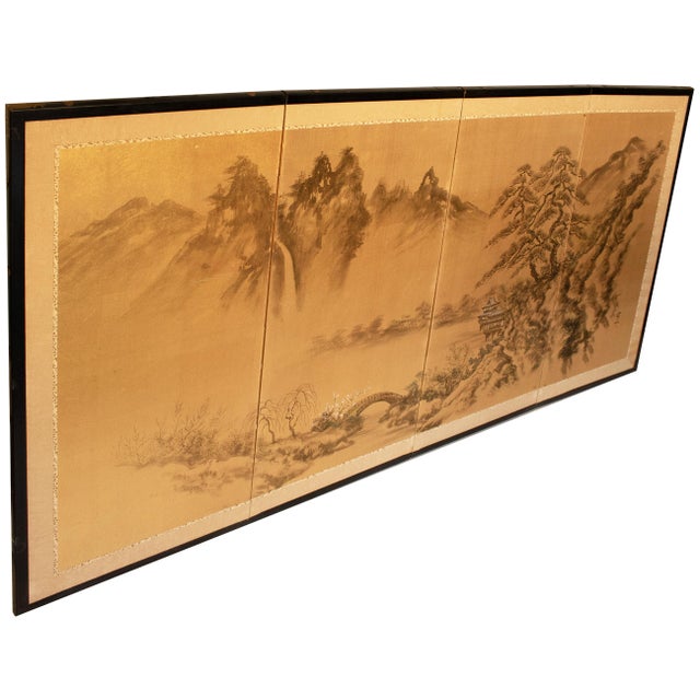 1960s Landscape With Bridge, Showa Era Japanese Painted Byobu Screen For Sale - Image 16 of 18