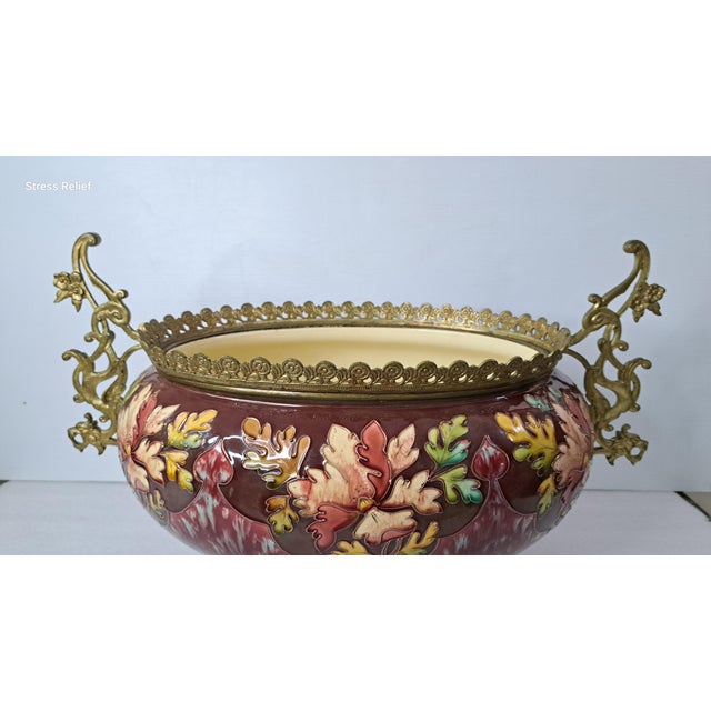 Burgundy Late 19th Century French Majolica Jardinière With Bronze Dragon Handles For Sale - Image 8 of 15