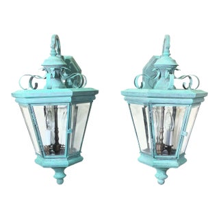 Exquisite Pair of Large Solid Brass Outdoor Wall Lanterns – Verdigris Patina For Sale