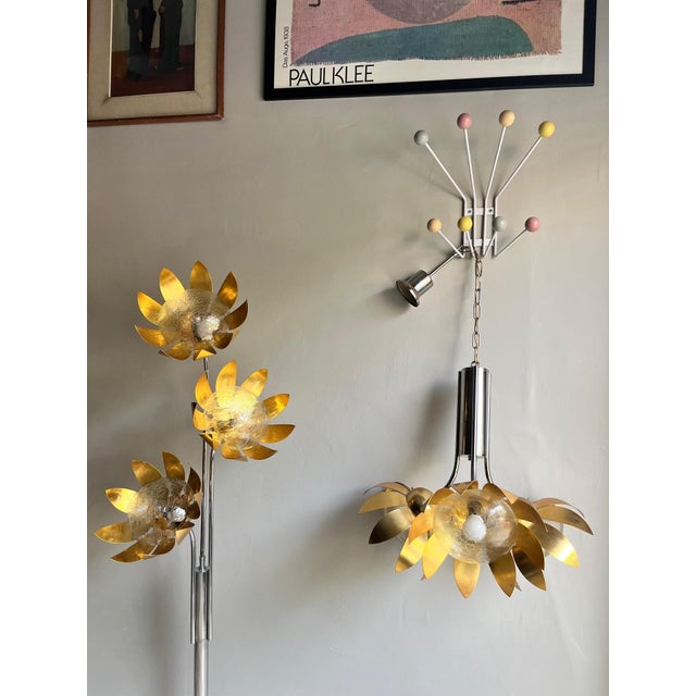 Vintage Floral Top Light Pendant Lamp in Brass and Chrome Steel, 1970s For Sale - Image 10 of 10