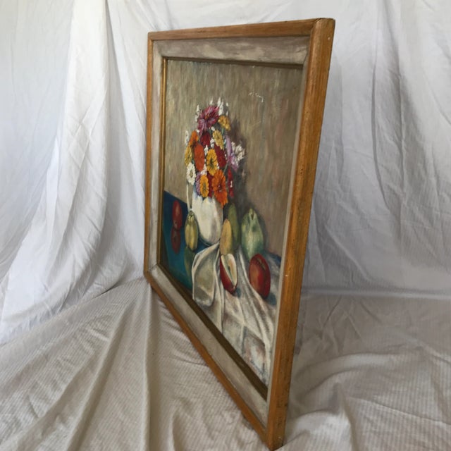 Great texture with this oil on Masonite still life titled “Fruit and Flowers” painted by artist Thomas C. Stevenson. It is...