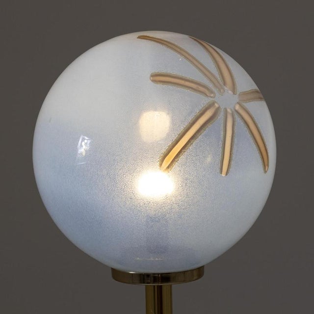 Floor Lamp with Embossed Metal Base, Brass Stem and Blown Glass Diffuser, 1970s For Sale - Image 6 of 8