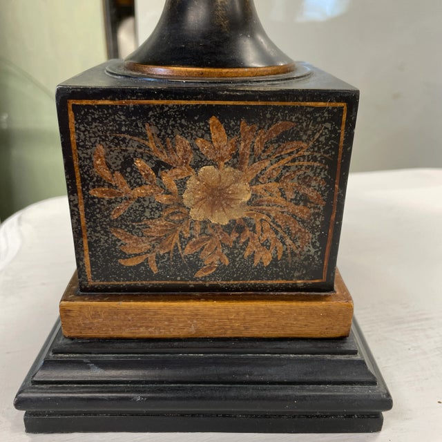 French Country Vintage Black Metal Urn Lamp With Painted Scene For Sale - Image 3 of 12
