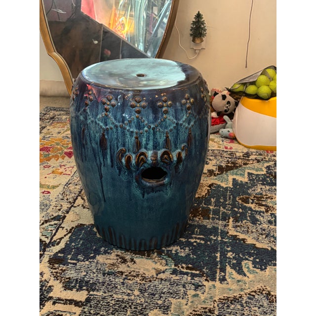 Vintage Chinese Cobalt Blue Glazed Porcelain Drum Form Garden Plant Stands - Set of 2 For Sale - Image 10 of 12