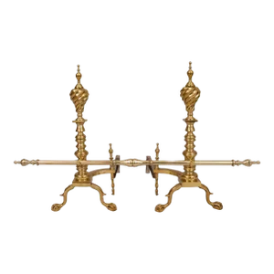 Mid 19th Century American Brass Spiral Top Andirons - 3 Pieces