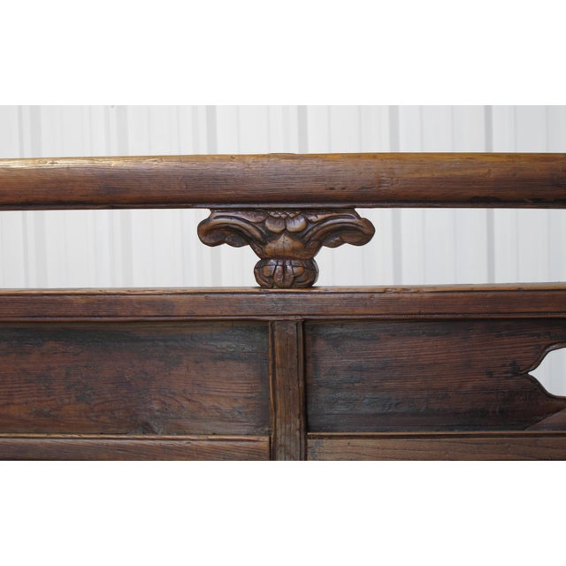 Antique 111" Elm Wood Bench With Tiered Backrest For Sale - Image 10 of 13