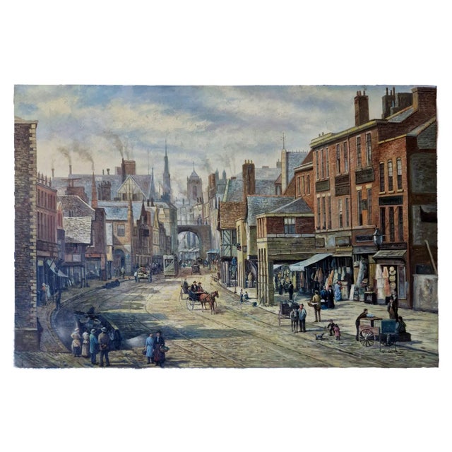 Mid-20th Century Signed E. Olson - Street Scene With Vendor Cart, Oil on Canvas For Sale