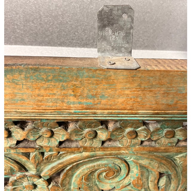 Architectural Hand-Carved Indian Arch Panel With Green Patina – Monumental 7 Ft Wall Panel For Sale - Image 12 of 15