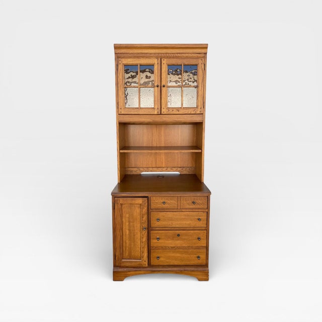Brown 1990s Pair of Cottage Style Oak Hutch Cabinets With Glass Doors For Sale - Image 8 of 18