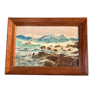 1940’s Modernist Original Rocky Coastline Seascape Painting Signed Morris Original Oak Frame
