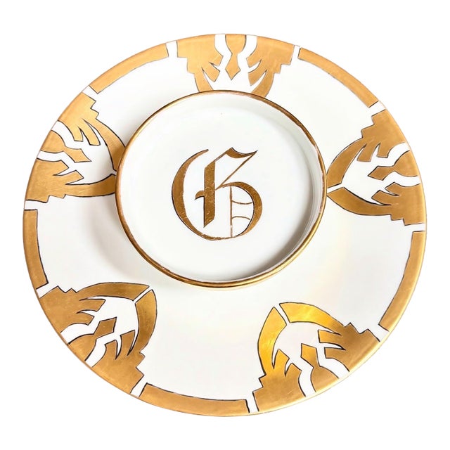 Antique Limoges Art Deco 2 Tier Caviar Plate 9.5” Gold Gilt G Mono For Sale