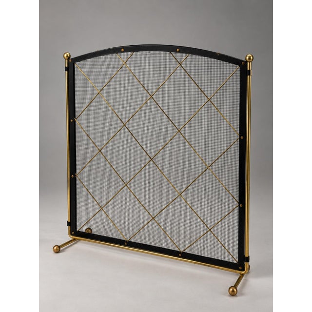 Vintage Brass and Black Metal Fireplace Screen with Geometric Lattice Design, 1940 For Sale - Image 3 of 5