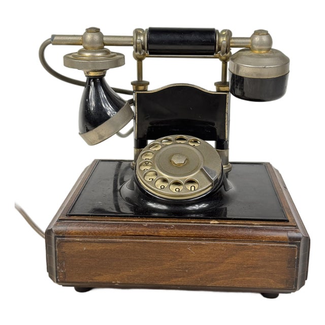 Vintage Wooden and Brass Rotary Telephone, 1950s For Sale