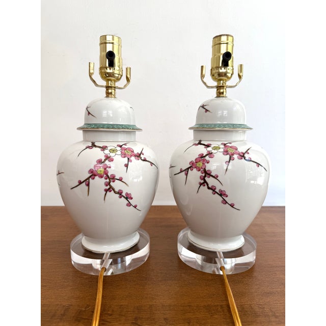 Pink Mid 20th Century Chinese Plum Blossom Temple Jar Table Lamp on Lucite Bases - a Pair For Sale - Image 8 of 10