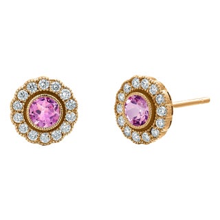 14k Gold Millgrain Circle Stud Earrings Bezel Set Pink Sapphires and Diamonds, A Pair For Sale