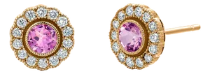 14k Gold Millgrain Circle Stud Earrings Bezel Set Pink Sapphires and Diamonds, A Pair