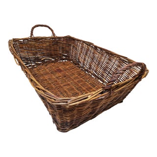 Mid 20th Century Vintage Large Rectangular Wicker Basket With Handles For Sale