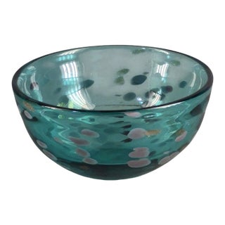 Vintage Lenox Hand Blown Art Glass Teal Retro Fleck Splatter Bowl For Sale