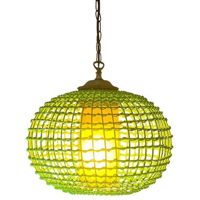Vintage Rattan Green Globe Oange Glass Shade Pendant Light For Sale - Image 10 of 18