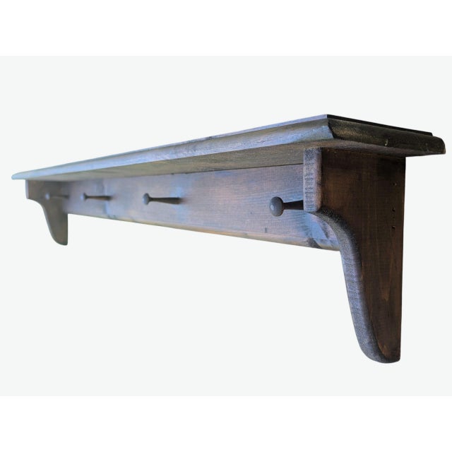 Vintage Farmhouse English Cottage Wooden Wall Shelf With Peg Hooks For Sale - Image 15 of 17