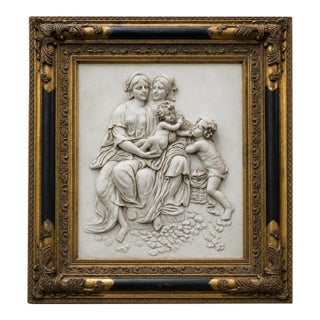 Vintage Classical Relief Wall Plaque in Ornate Gilt Frame – Mother & Cherubs Scene For Sale